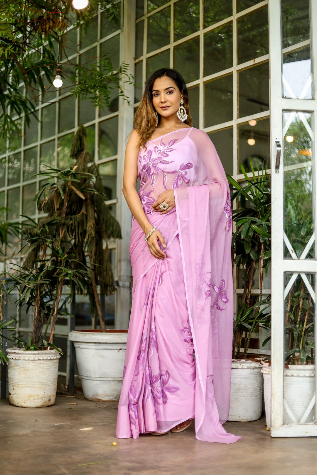 Blush Pink Chiffon Saree with Purple Floral Print | Lightweight Designer Saree with Blouse Piece