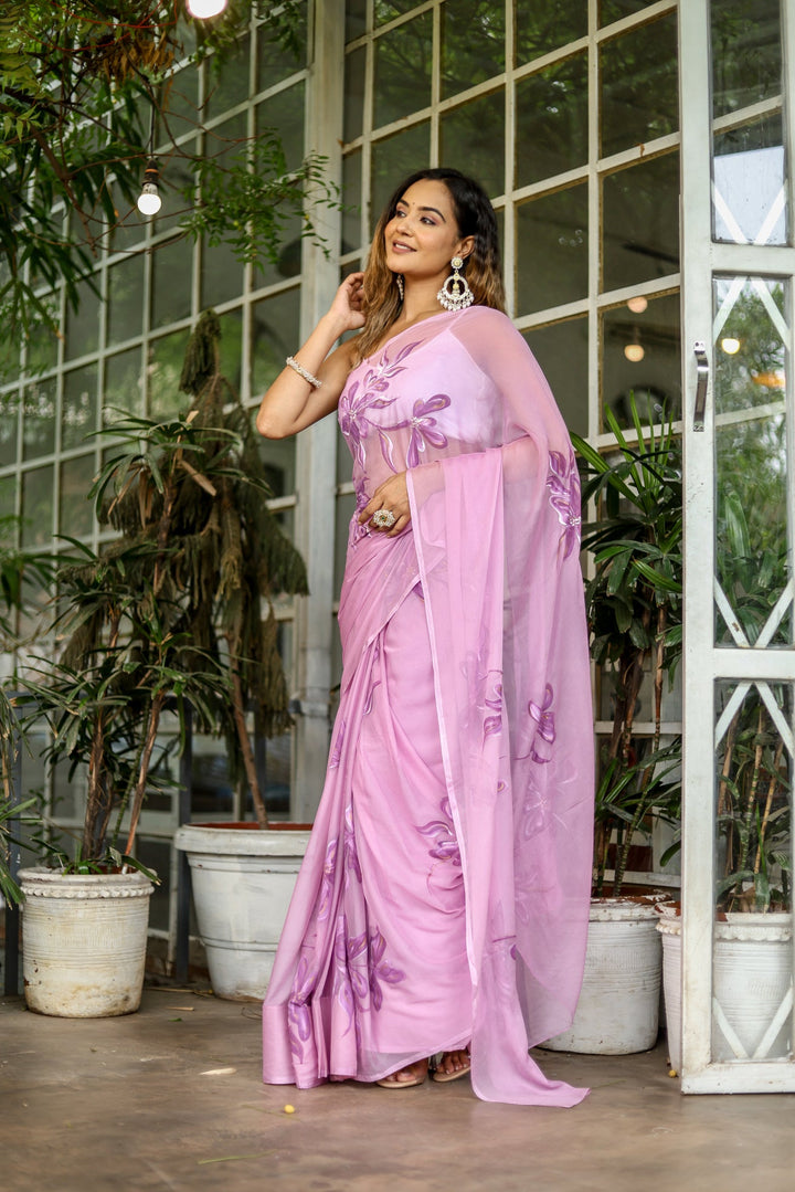 Blush Pink Chiffon Saree with Purple Floral Print | Lightweight Designer Saree with Blouse Piece