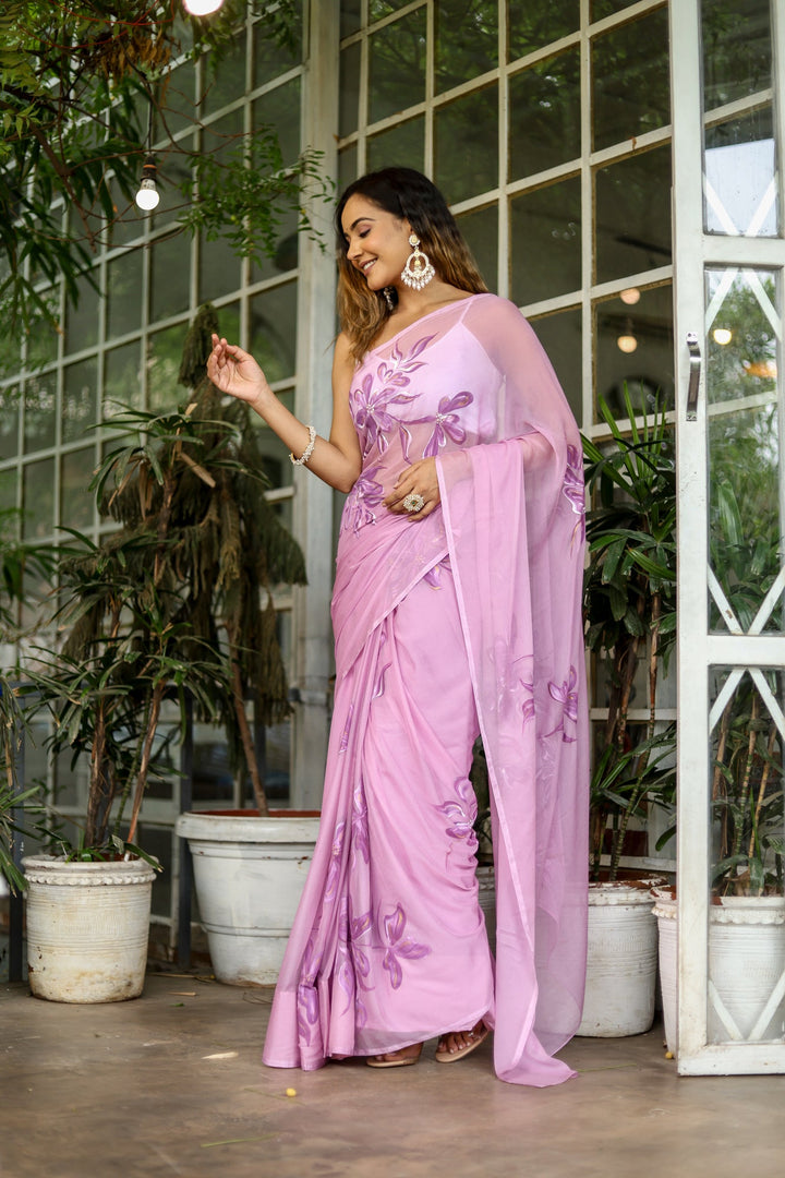 Blush Pink Chiffon Saree with Purple Floral Print | Lightweight Designer Saree with Blouse Piece