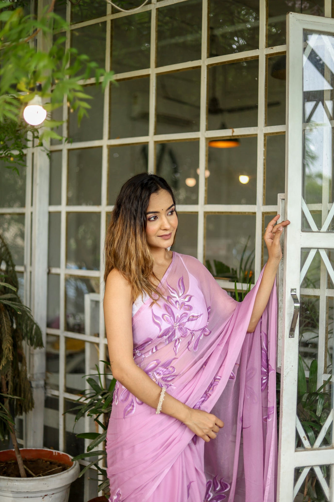 Blush Pink Chiffon Saree with Purple Floral Print | Lightweight Designer Saree with Blouse Piece