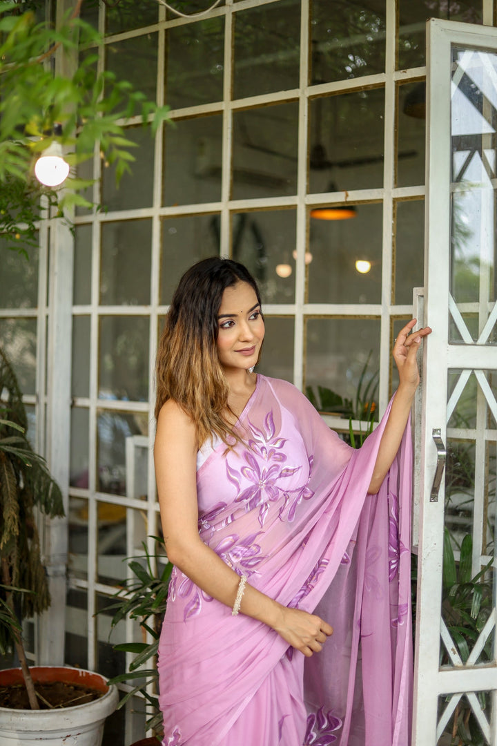 Blush Pink Chiffon Saree with Purple Floral Print | Lightweight Designer Saree with Blouse Piece