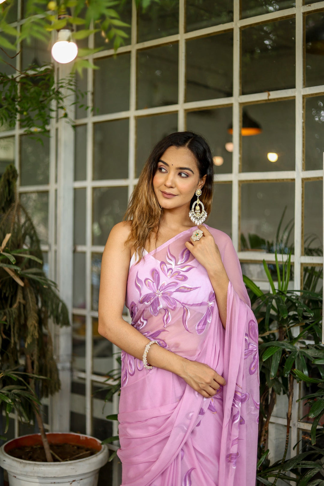 Blush Pink Chiffon Saree with Purple Floral Print | Lightweight Designer Saree with Blouse Piece