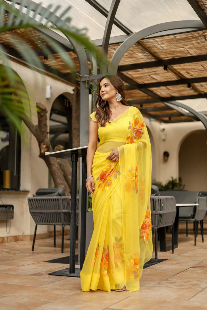 Bright Yellow Chiffon Saree with Artistic Floral Print | Lightweight Designer Saree with Blouse Piece