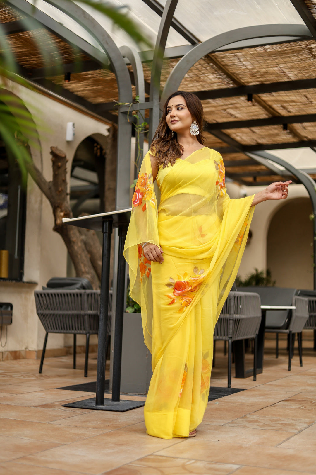 Bright Yellow Chiffon Saree with Artistic Floral Print | Lightweight Designer Saree with Blouse Piece