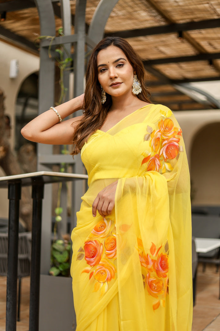 Bright Yellow Chiffon Saree with Artistic Floral Print | Lightweight Designer Saree with Blouse Piece