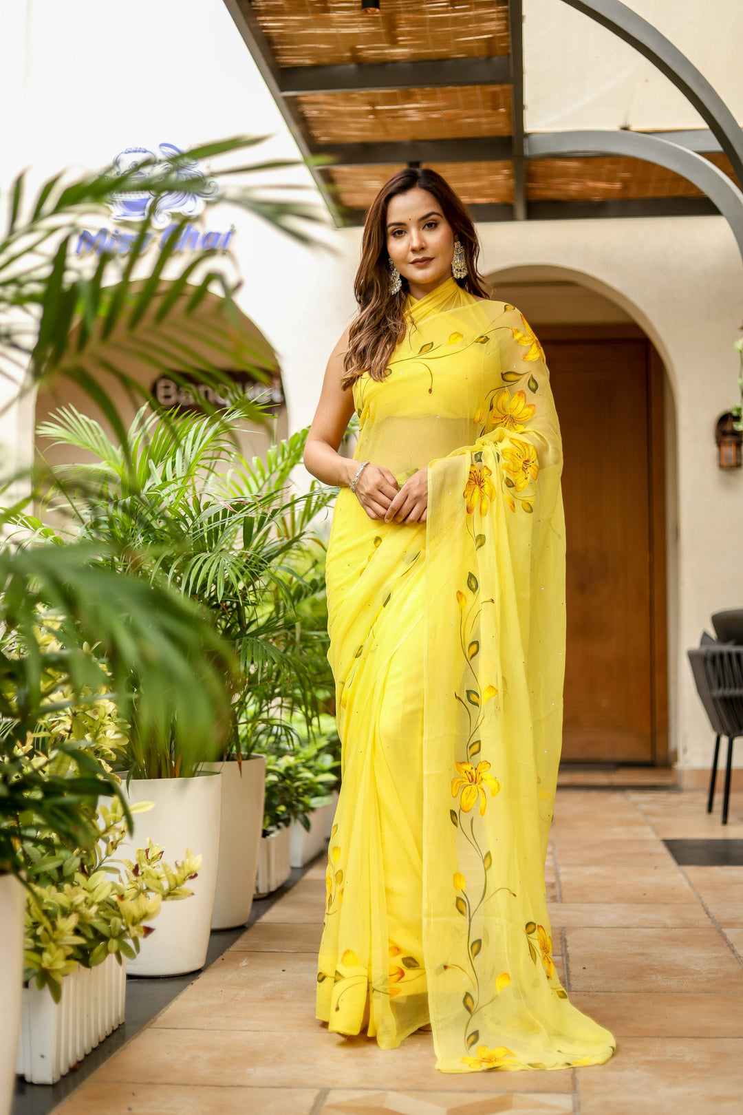 Bright Yellow Chiffon Saree with Artistic Floral Print | Lightweight Designer Saree with Blouse Piece