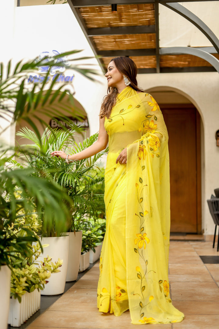 Bright Yellow Chiffon Saree with Artistic Floral Print | Lightweight Designer Saree with Blouse Piece