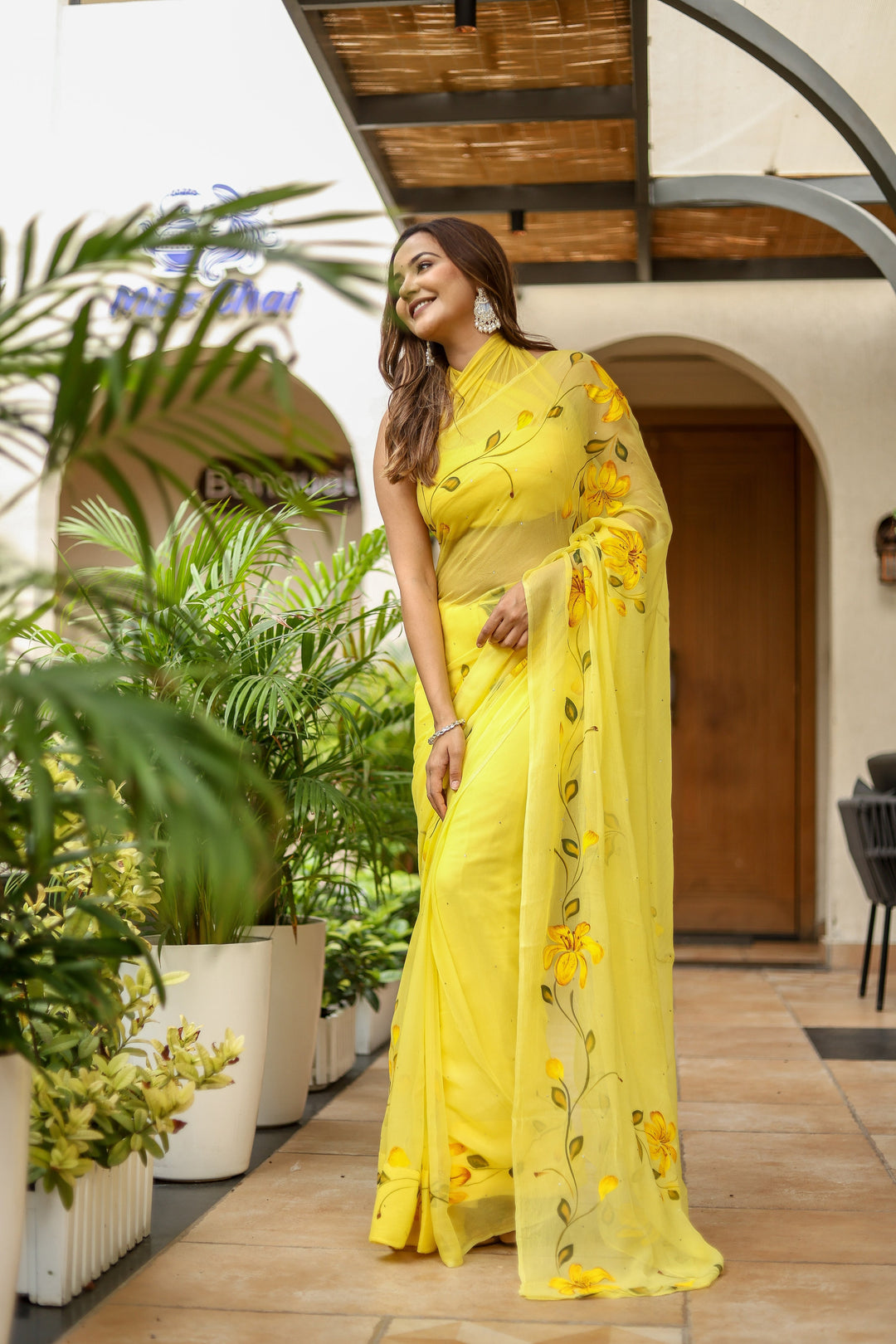 Bright Yellow Chiffon Saree with Artistic Floral Print | Lightweight Designer Saree with Blouse Piece