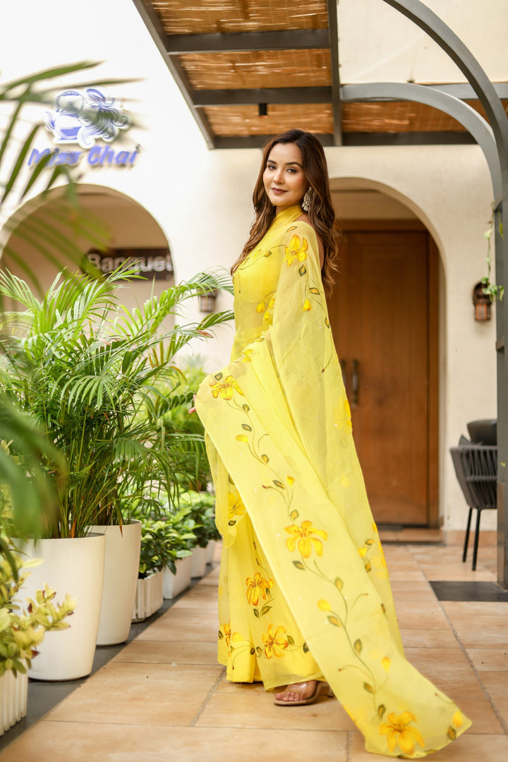 Bright Yellow Chiffon Saree with Artistic Floral Print | Lightweight Designer Saree with Blouse Piece