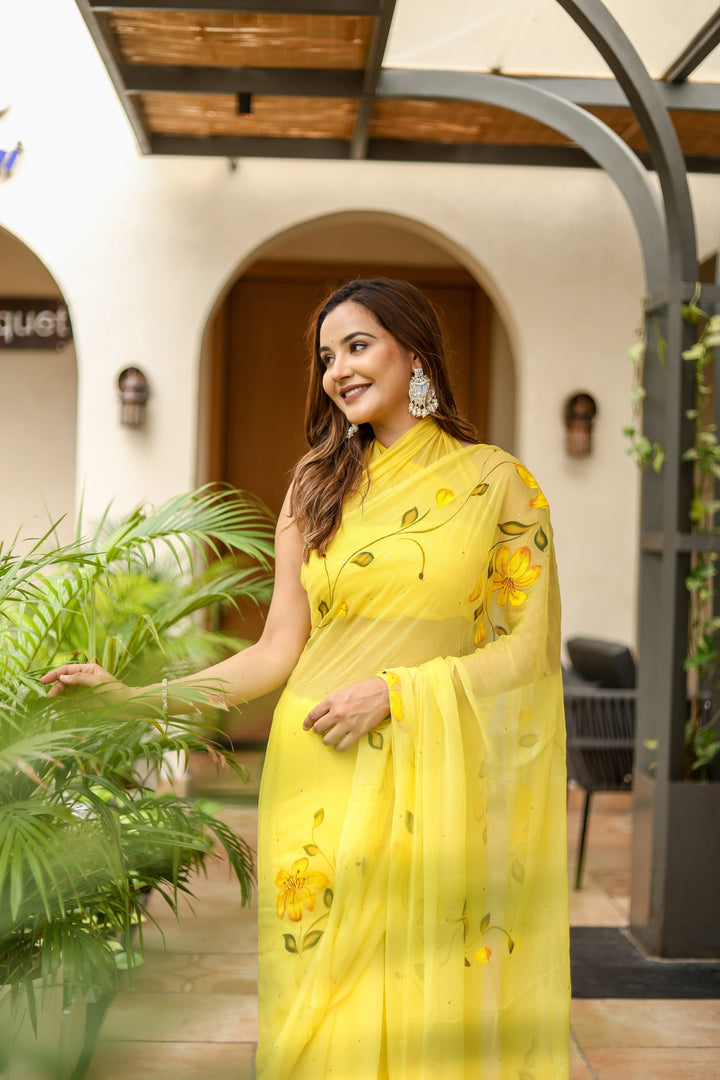 Bright Yellow Chiffon Saree with Artistic Floral Print | Lightweight Designer Saree with Blouse Piece