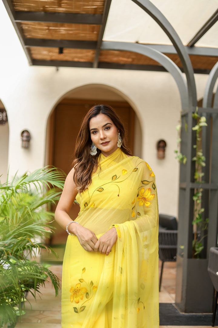 Bright Yellow Chiffon Saree with Artistic Floral Print | Lightweight Designer Saree with Blouse Piece