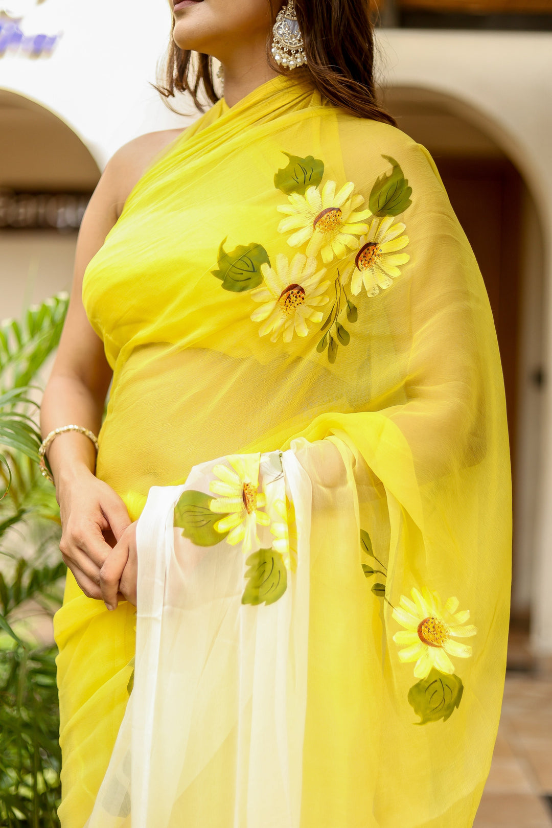 Lemon Yellow Chiffon Saree with Daisy Floral Design & Contrast Pallu | Designer Saree with Blouse Piece