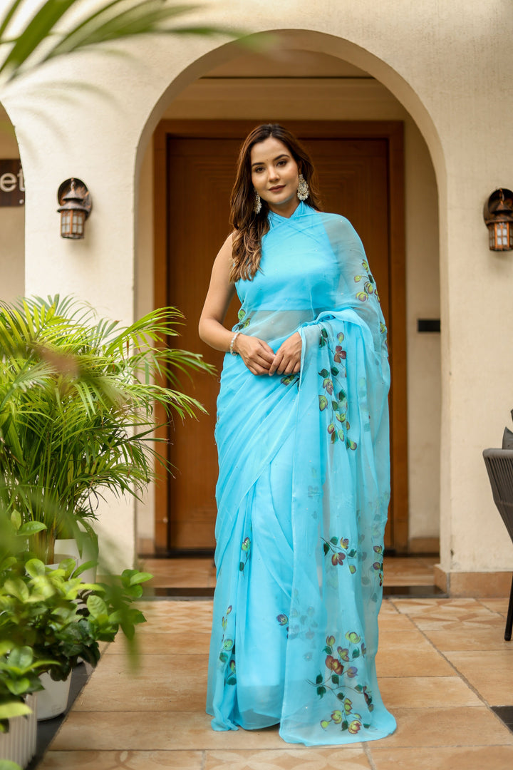 Sky Blue Chiffon Saree with Botanical Floral Print | Lightweight Designer Saree with Blouse Piece