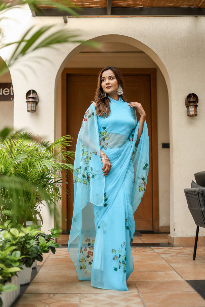 Sky Blue Chiffon Saree with Botanical Floral Print | Lightweight Designer Saree with Blouse Piece