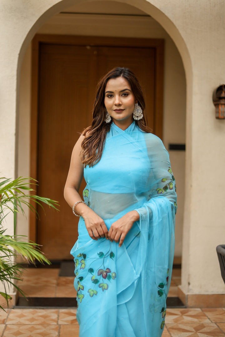 Sky Blue Chiffon Saree with Botanical Floral Print | Lightweight Designer Saree with Blouse Piece