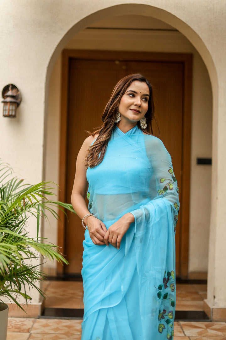 Sky Blue Chiffon Saree with Botanical Floral Print | Lightweight Designer Saree with Blouse Piece