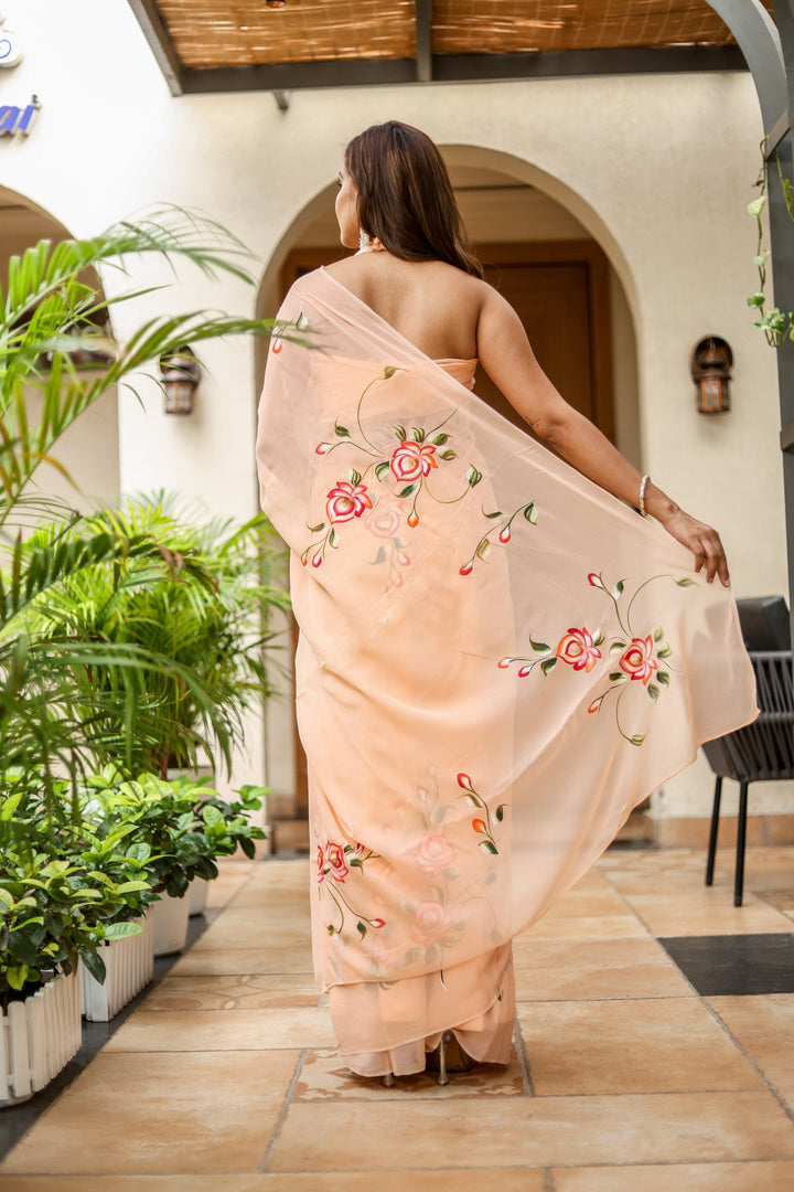 Peach Chiffon Saree with Red Rose Floral Design | Lightweight Designer Saree with Blouse Piece