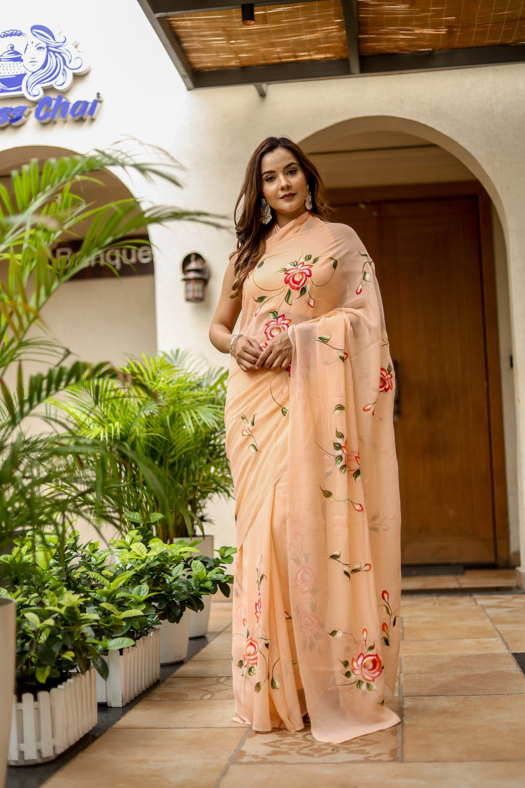 Peach Chiffon Saree with Red Rose Floral Design | Lightweight Designer Saree with Blouse Piece