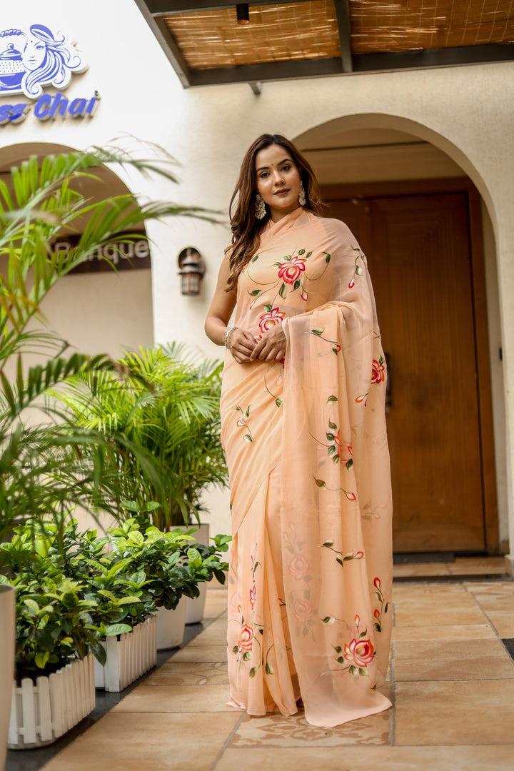Peach Chiffon Saree with Red Rose Floral Design | Lightweight Designer Saree with Blouse Piece