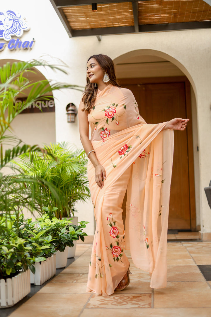 Peach Chiffon Saree with Red Rose Floral Design | Lightweight Designer Saree with Blouse Piece