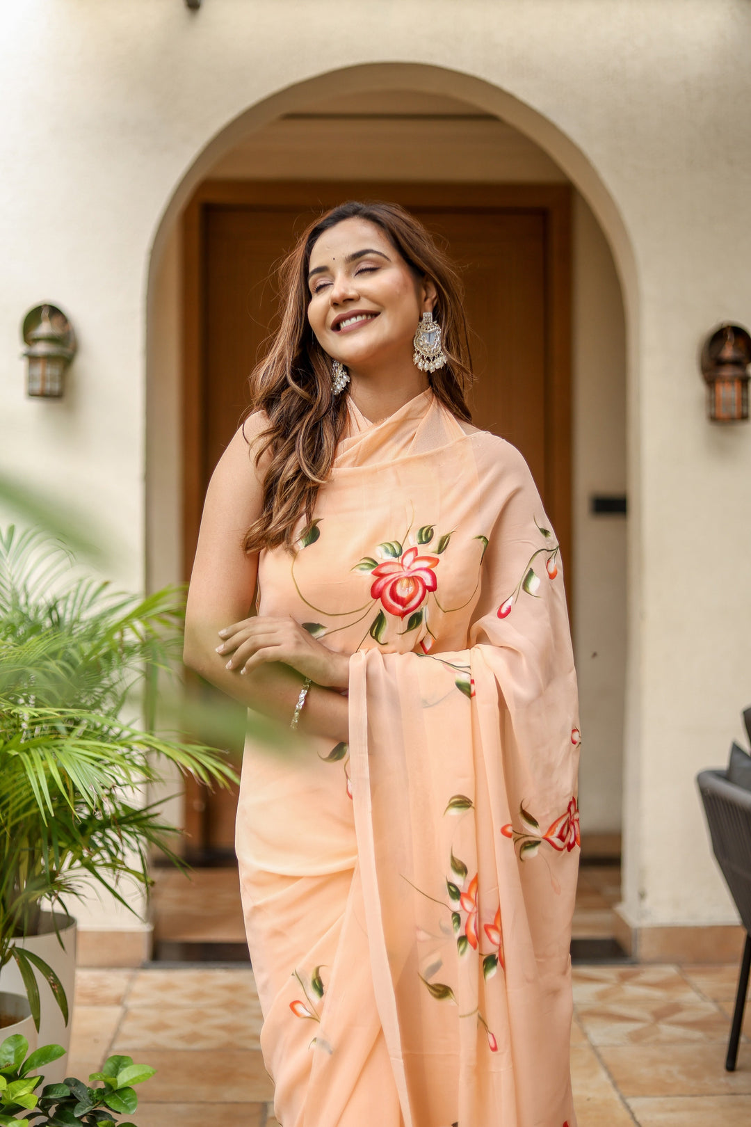 Peach Chiffon Saree with Red Rose Floral Design | Lightweight Designer Saree with Blouse Piece