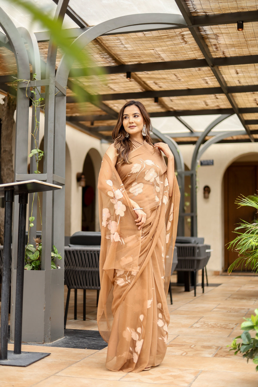 Caramel Brown Chiffon Saree with Floral Print | Lightweight Designer Saree with Matching Blouse Piece