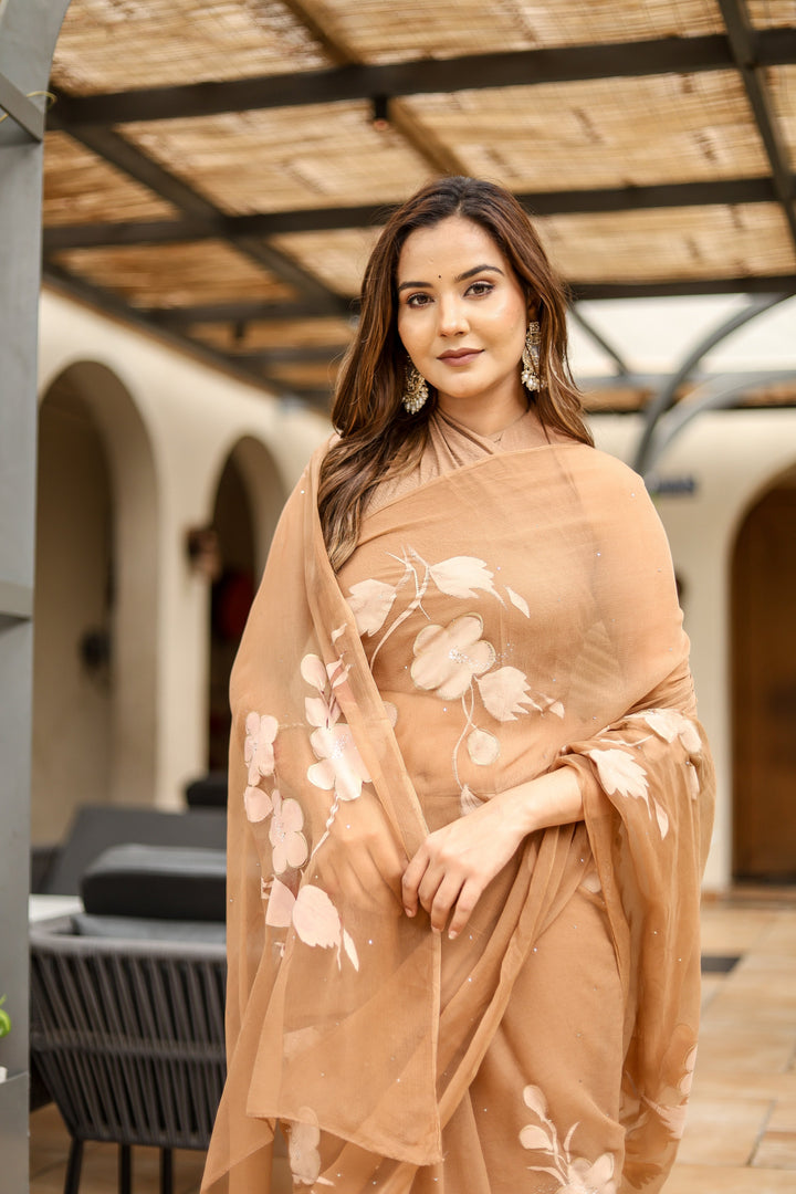 Caramel Brown Chiffon Saree with Floral Print | Lightweight Designer Saree with Matching Blouse Piece