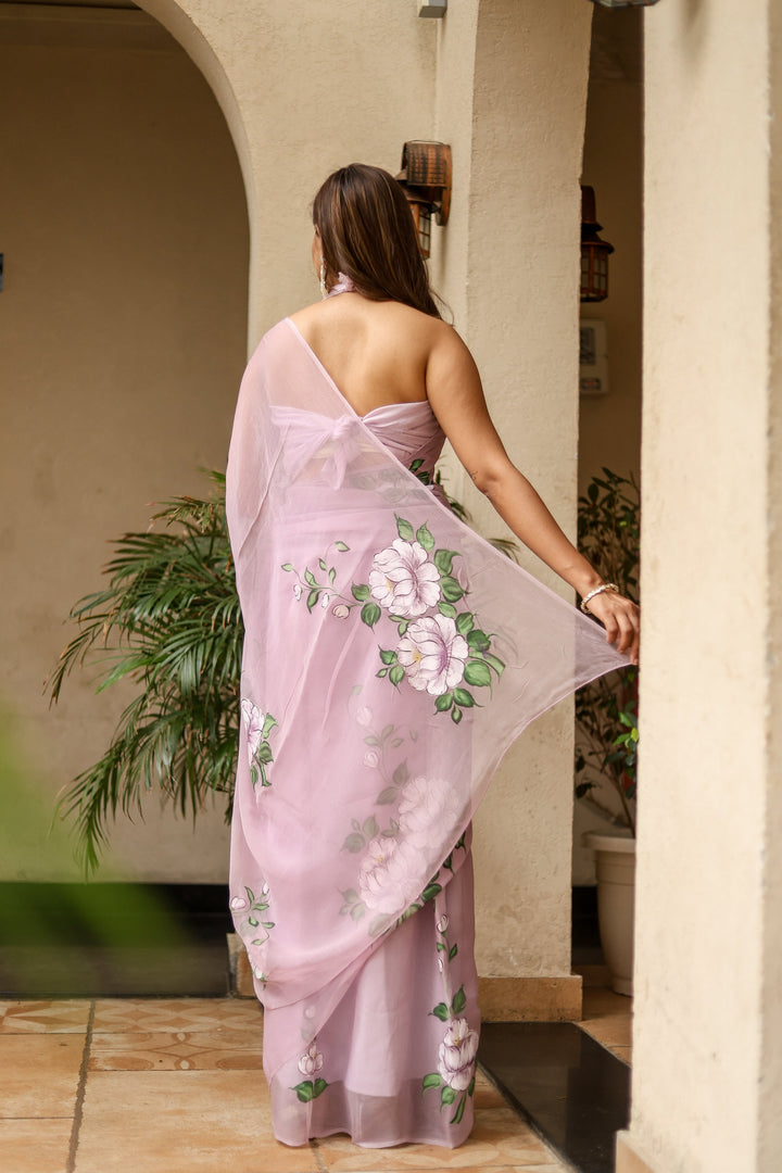 Pastel Lavender Chiffon Saree with Large Floral Print | Lightweight Designer Saree with Blouse Piece