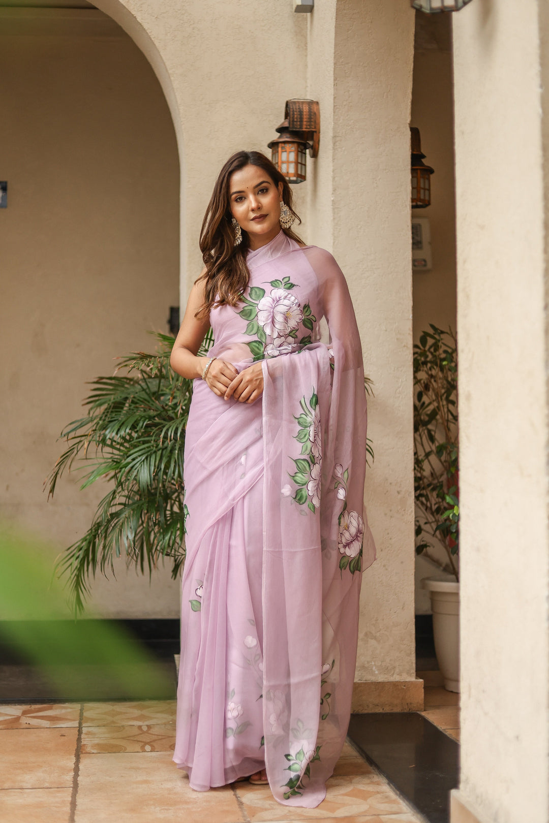 Pastel Lavender Chiffon Saree with Large Floral Print | Lightweight Designer Saree with Blouse Piece