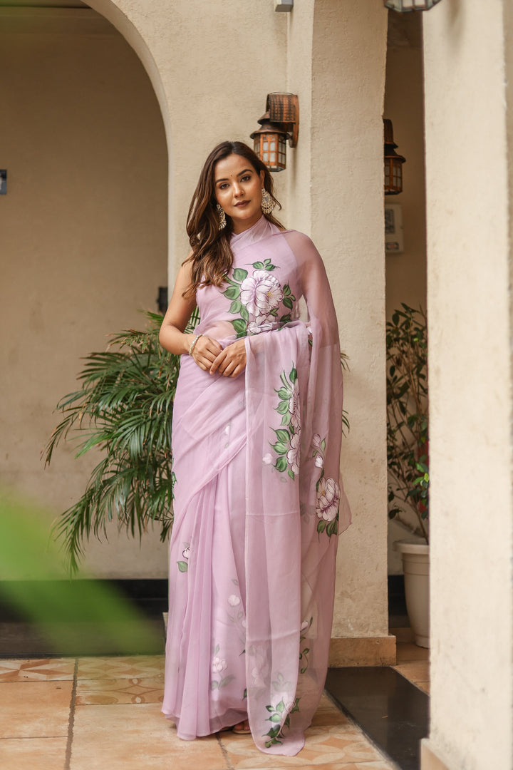 Pastel Lavender Chiffon Saree with Large Floral Print | Lightweight Designer Saree with Blouse Piece