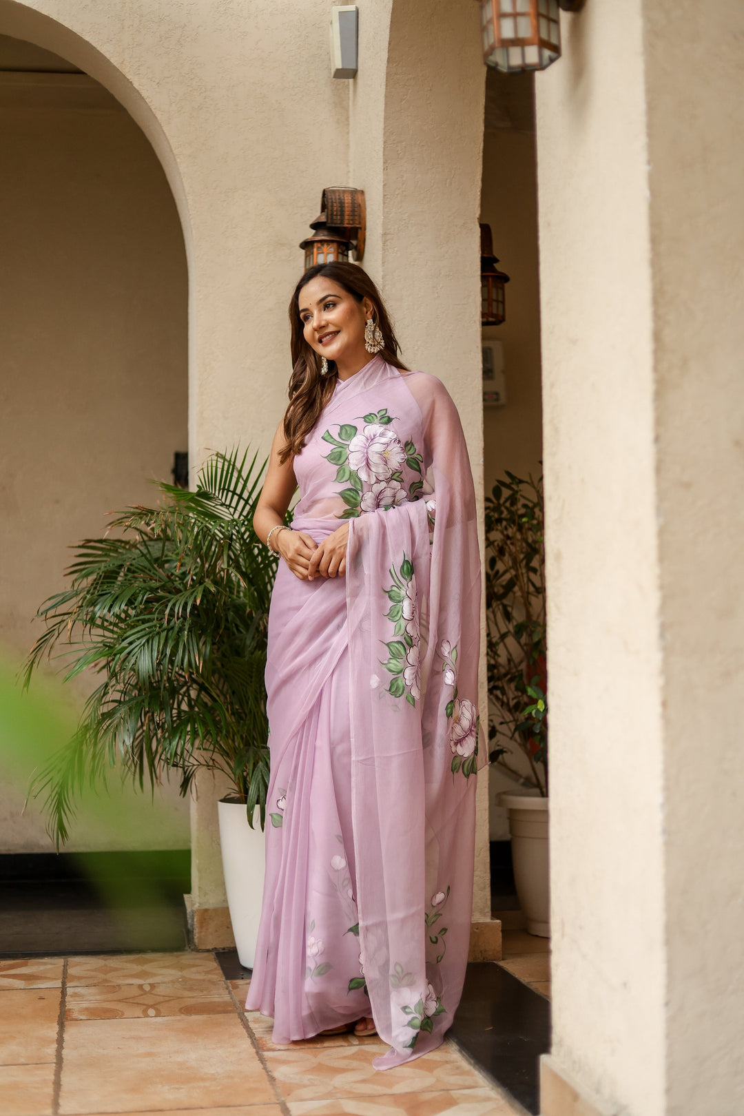 Pastel Lavender Chiffon Saree with Large Floral Print | Lightweight Designer Saree with Blouse Piece