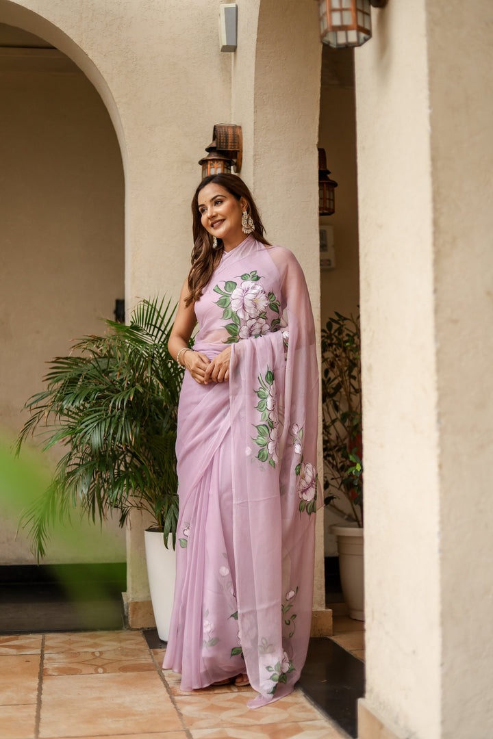 Pastel Lavender Chiffon Saree with Large Floral Print | Lightweight Designer Saree with Blouse Piece