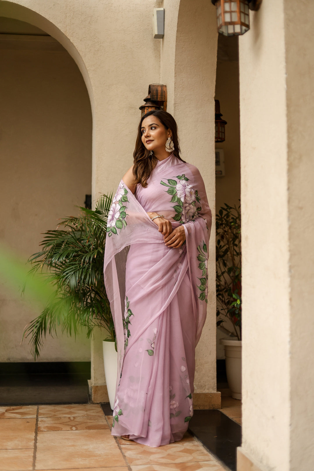 Pastel Lavender Chiffon Saree with Large Floral Print | Lightweight Designer Saree with Blouse Piece