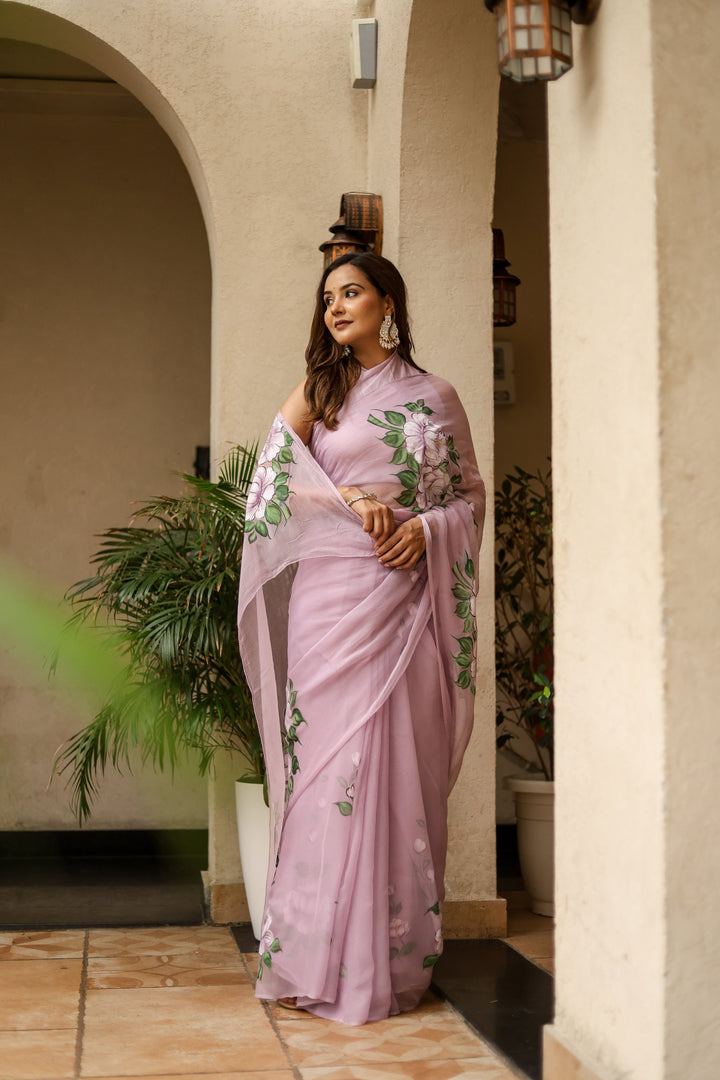 Pastel Lavender Chiffon Saree with Large Floral Print | Lightweight Designer Saree with Blouse Piece