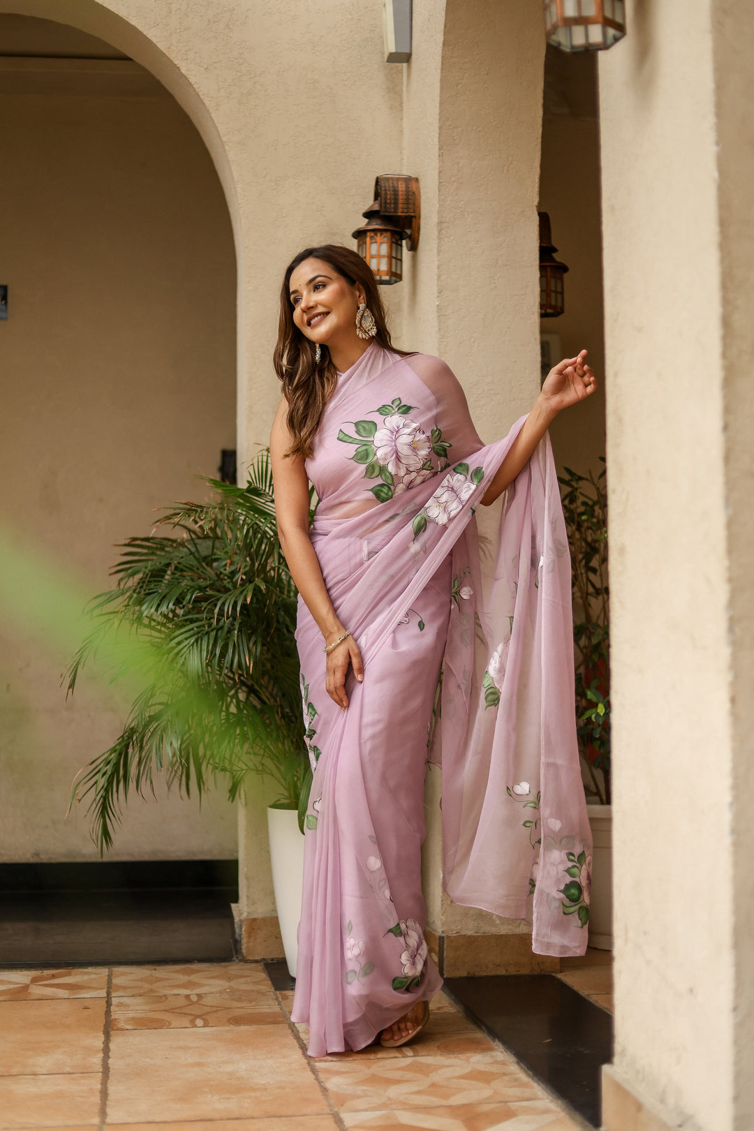 Pastel Lavender Chiffon Saree with Large Floral Print | Lightweight Designer Saree with Blouse Piece
