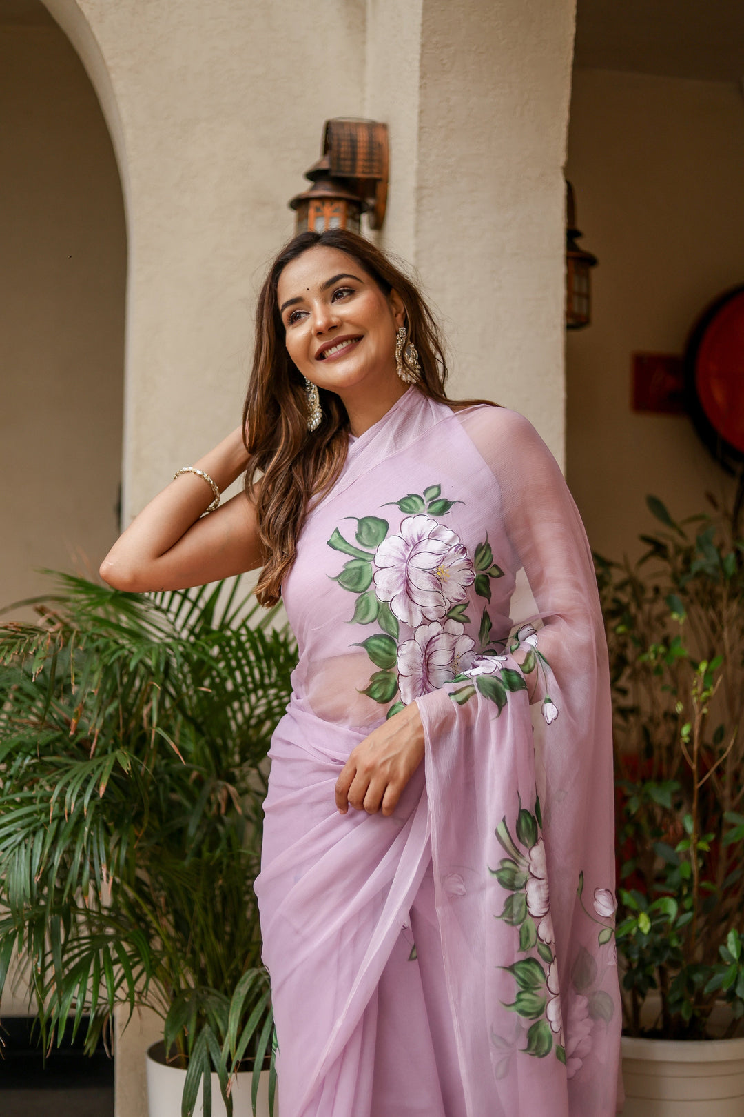 Pastel Lavender Chiffon Saree with Large Floral Print | Lightweight Designer Saree with Blouse Piece