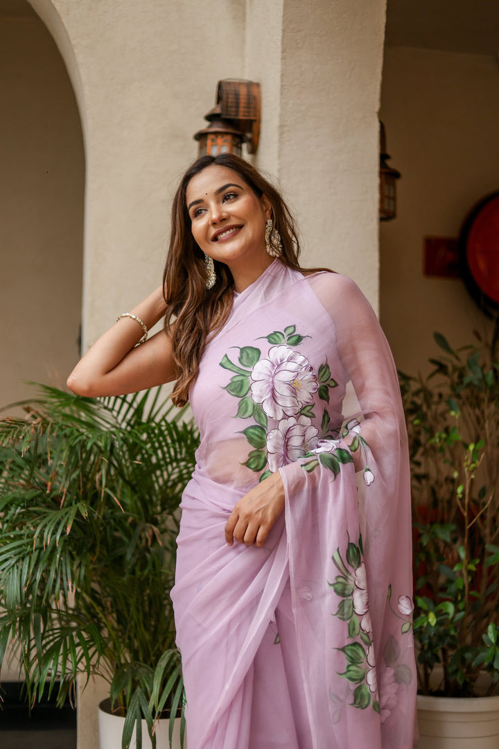 Pastel Lavender Chiffon Saree with Large Floral Print | Lightweight Designer Saree with Blouse Piece
