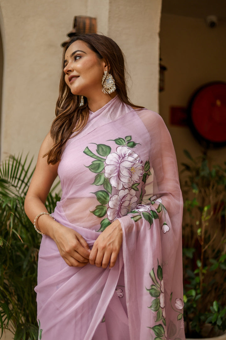 Pastel Lavender Chiffon Saree with Large Floral Print | Lightweight Designer Saree with Blouse Piece