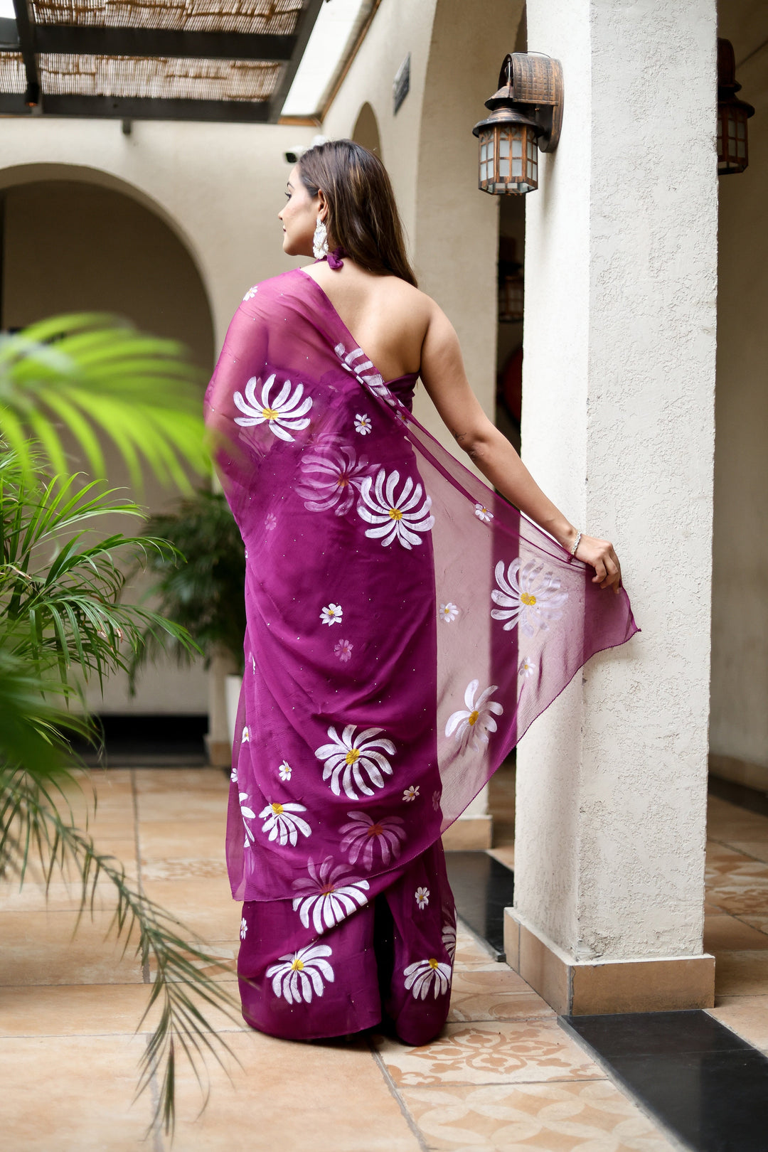 Magenta Chiffon Saree with White Floral Print | Lightweight Designer Saree with Matching Blouse Piece