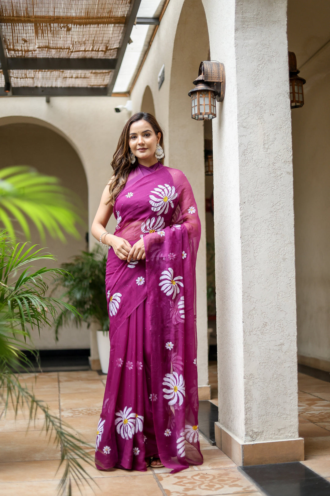 Magenta Chiffon Saree with White Floral Print | Lightweight Designer Saree with Matching Blouse Piece