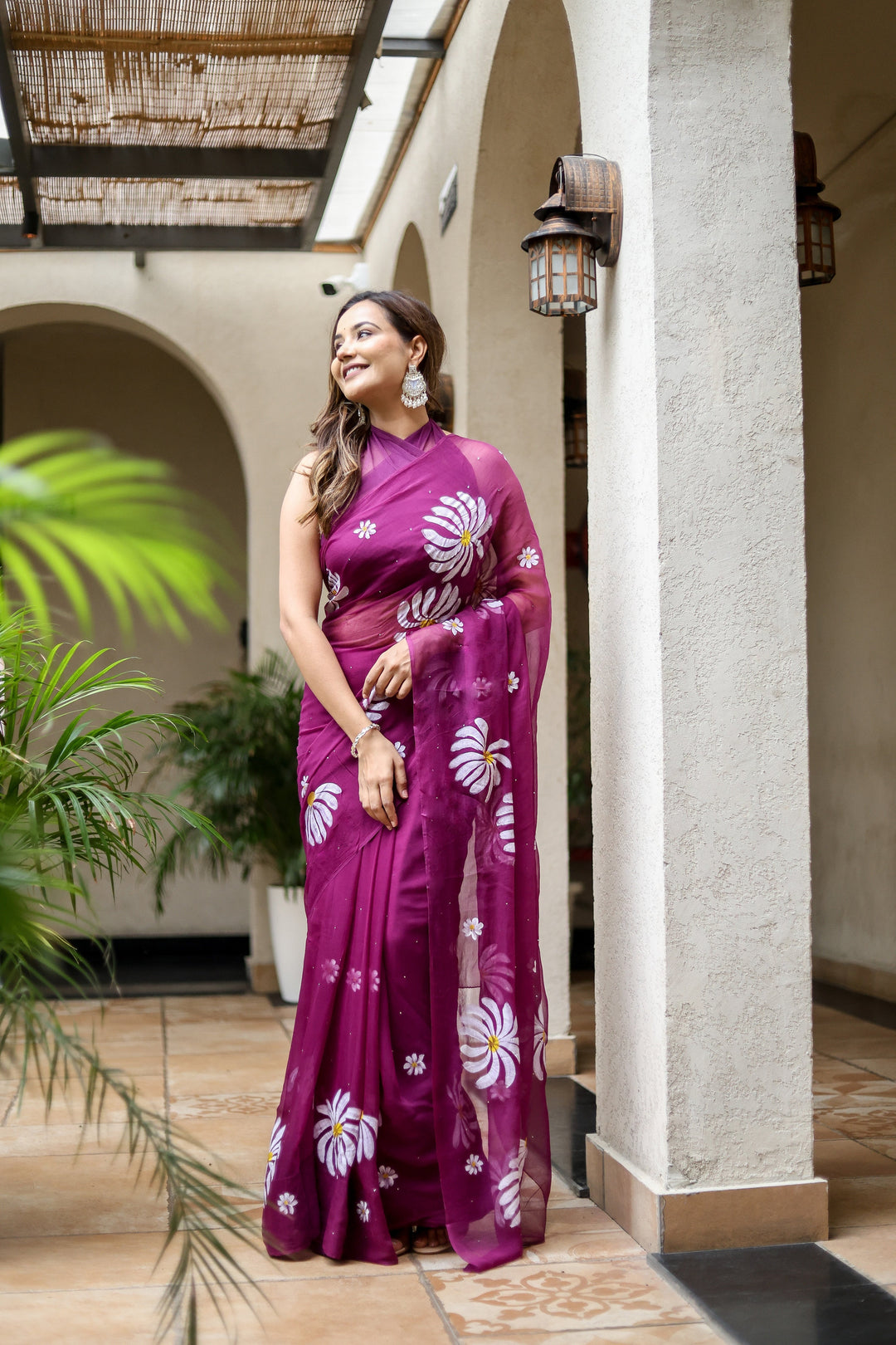 Magenta Chiffon Saree with White Floral Print | Lightweight Designer Saree with Matching Blouse Piece