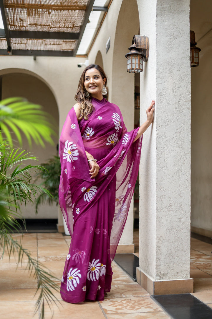Magenta Chiffon Saree with White Floral Print | Lightweight Designer Saree with Matching Blouse Piece
