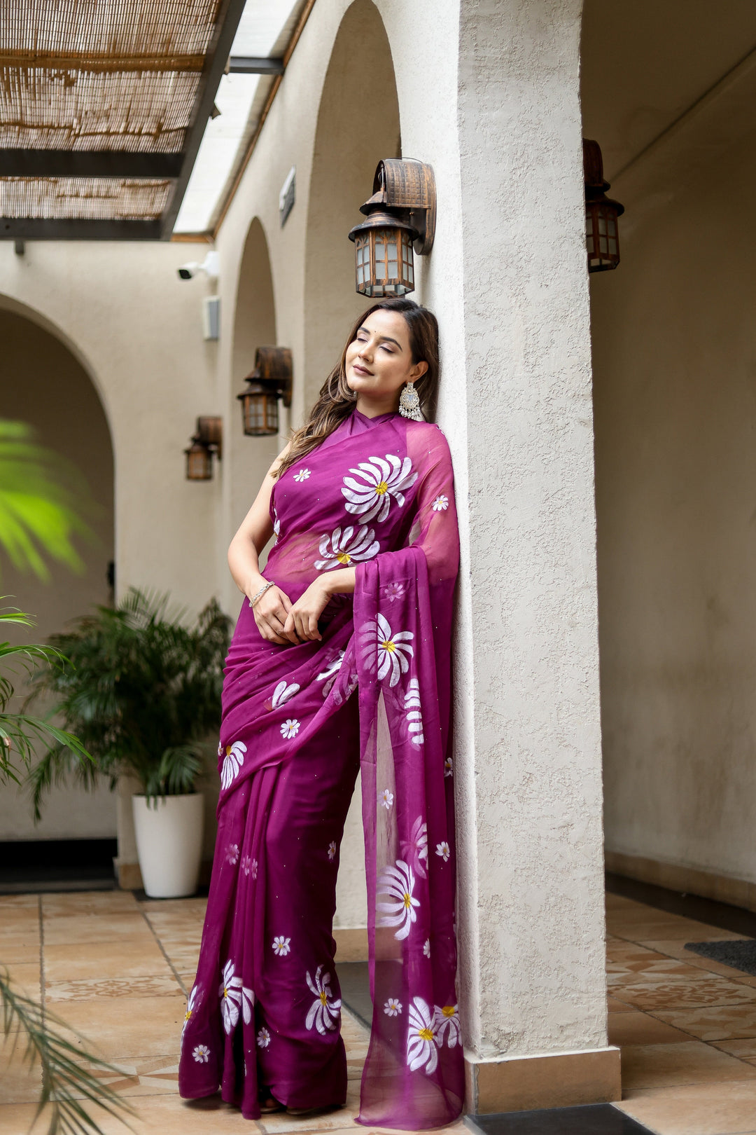 Magenta Chiffon Saree with White Floral Print | Lightweight Designer Saree with Matching Blouse Piece