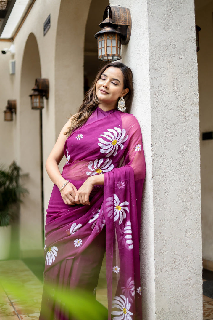 Magenta Chiffon Saree with White Floral Print | Lightweight Designer Saree with Matching Blouse Piece