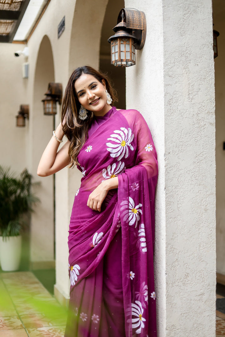 Magenta Chiffon Saree with White Floral Print | Lightweight Designer Saree with Matching Blouse Piece