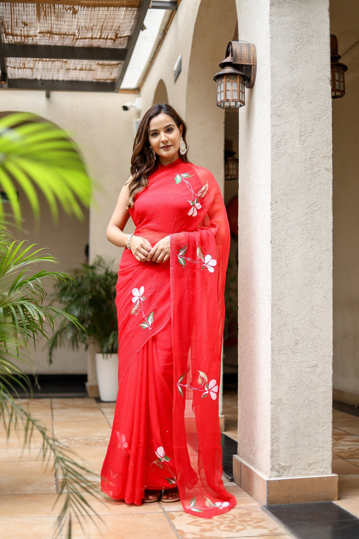 Red Chiffon Saree with Elegant Floral Print | Lightweight Designer Saree with Matching Blouse Piece