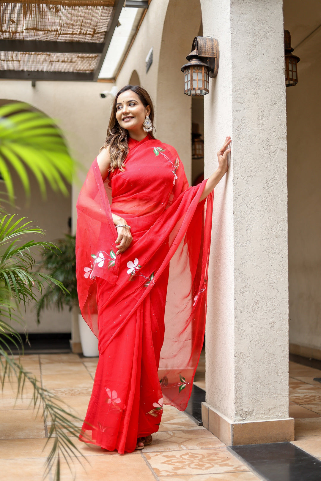 Red Chiffon Saree with Elegant Floral Print | Lightweight Designer Saree with Matching Blouse Piece