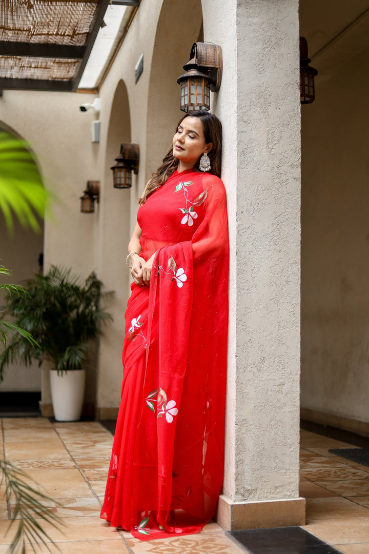 Red Chiffon Saree with Elegant Floral Print | Lightweight Designer Saree with Matching Blouse Piece