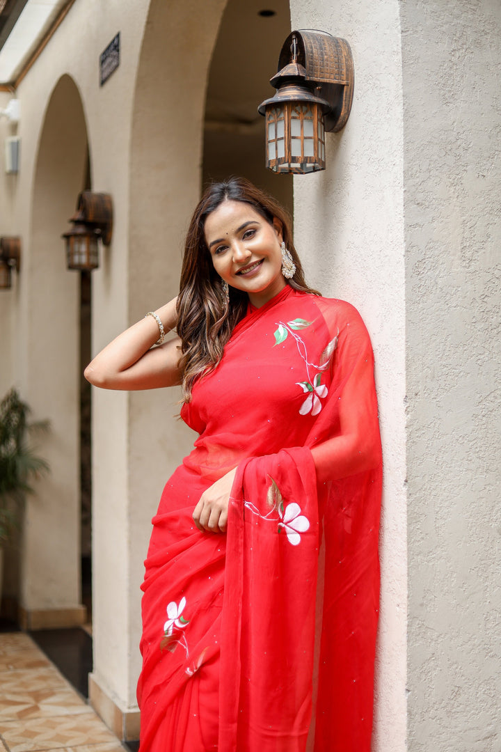 Red Chiffon Saree with Elegant Floral Print | Lightweight Designer Saree with Matching Blouse Piece