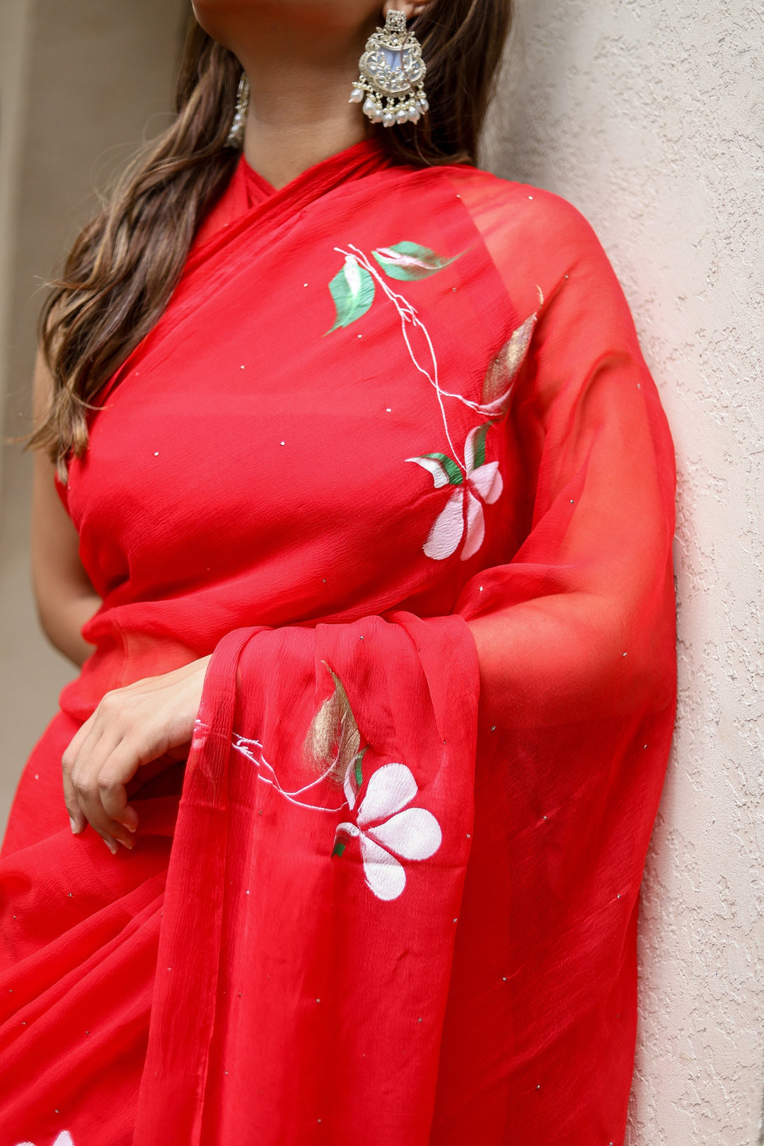 Red Chiffon Saree with Elegant Floral Print | Lightweight Designer Saree with Matching Blouse Piece